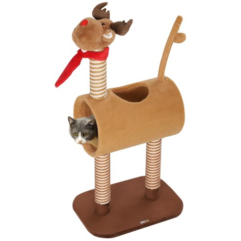 PawHut Cat Tree, 98cm Deer-Designed Cat Tower for Indoor Cats, Kittens, with Scratching Posts, Toy Ball, Tunnel, Brown