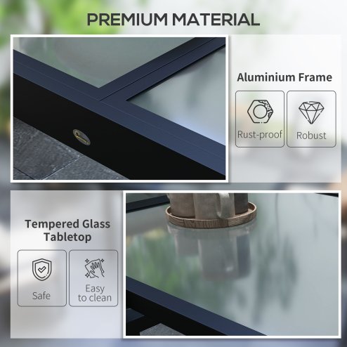 Outsunny Extending Garden Table, Outdoor Dining Table with Aluminium Frame and Tempered Glass Tabletop, 80/160 x 80 x 75 cm, Black and Clear