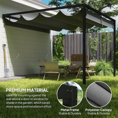 Outsunny 3 x 3(m) Outdoor Lean To Pergola Retractable Canopy Wall Mounted Gazebo Patio Shelter Sun Shade, Grey