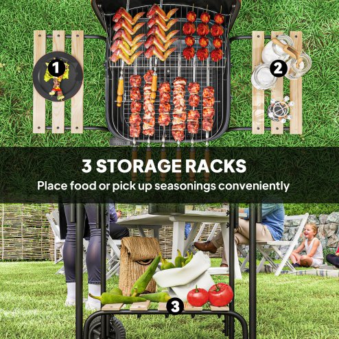 Outsunny Charcoal Barbecue Grill Portable BBQ Grill with 1840 cm? Cooking Area, 3 Shelves, Adjustable Vent, Lockable Lid, Wheels for Outdoor Cooking, Garden Party, Red