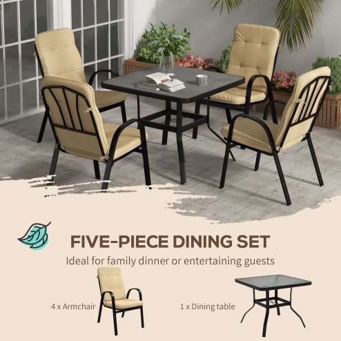 Outsunny 5 Pieces Garden Dining Set, Outdoor Square Dining Table and 4 Cushioned Armchairs, Tempered Glass Top Table w/ Umbrella Hole, Texteline Seats, Beige