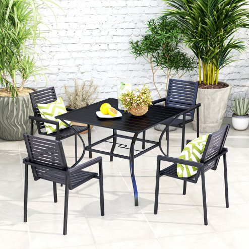 Outsunny 94 x 94 cm Garden Dining Table with Parasol Hole, Square Patio Table with Slatted Metal Plate Top, Black