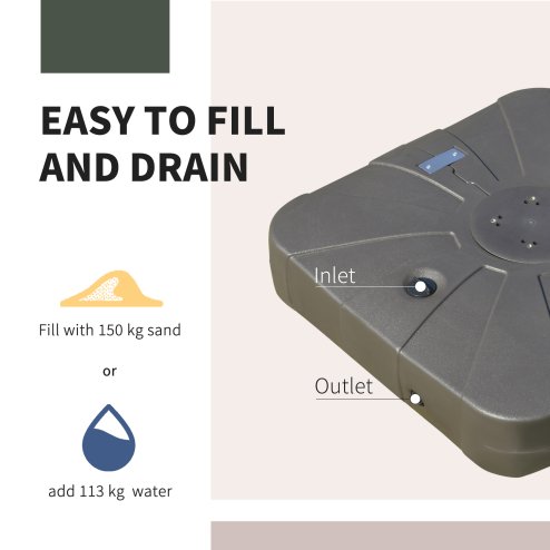 Outsunny Square Cantilever Patio Parasol Base, 113 kg Water or 150 kg Sand Filled Stand with Wheels Heavy-Duty, Coffee