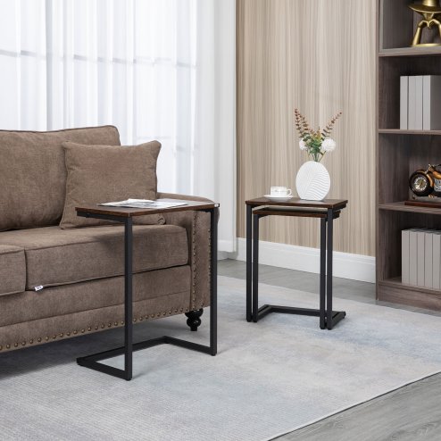 HOMCOM Nesting Side Tables Set of 3, C-Shaped Sofa Side Tables with Steel Frame for Sofa Couch and Bed, Rustic Brown Image