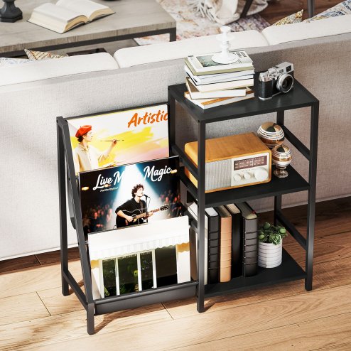 HOMCOM Record Player Stand, 3-Tier Side Table with Vinyl Record Storage, End Table with 3 Oxford Cloth Magazine Racks for Living Room, Bedroom, Black Wood Effect
