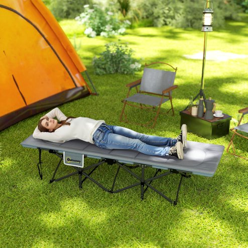 Outsunny Folding Camping Bed for Adults with Cushion, Heavy Duty Portable Travel Camping Cot with Headrest, Side Pocket and Non-Slip Foot Pads for Outdoor Beach Travel Office, Grey