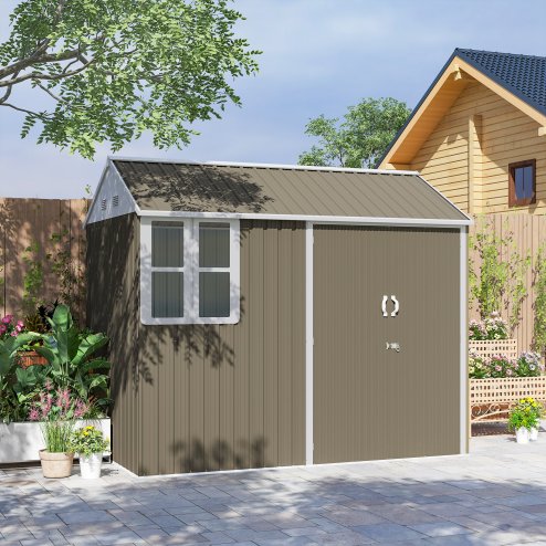 Outsunny 8 x 6 ft Garden Shed, Metal Shed with Double Doors, Window and Air Vents, Galvanised Outdoor Lockable Tool Storage House, Grey
