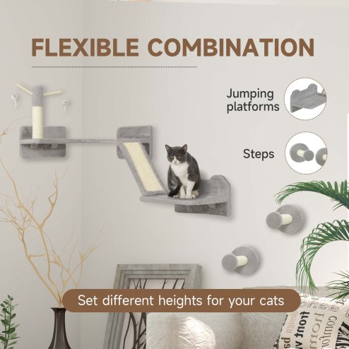 PawHut Cat Wall Furniture, 3 Piece Cat Shelves with Scratching Posts, Scratching Pads, Perches, Cat Wands, Toy Balls, Corner Design Cat Wall Shelves for Indoor Cats, Kittens, Light Grey