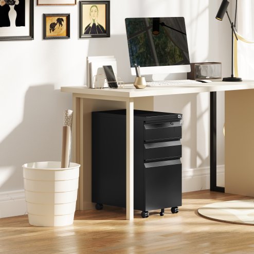 Vinsetto 3-Drawer Filing Cabinet with Lock, Mobile Steel File Cabinet for A4, Legal and Letter Size, Under Desk Drawers with Pre-Assembled Body for Home Office, 30 x 43.5 x 60 cm, Black