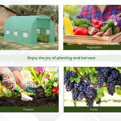 Outsunny 4.5m x 2m Walk-In Polytunnel Greenhouse, with Steel Frame, PE Cover, Roll-Up Door and 6 Windows, Green