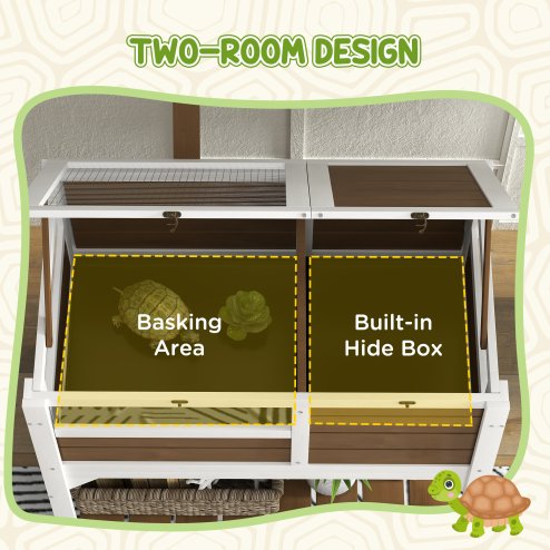 PawHut Tortoise House w/ Shelf, Small Pet Reptile Wooden House w/ Hide Shelter Den and Run, Lamp Holder, Tray, for Indoors, Outdoors - Brown