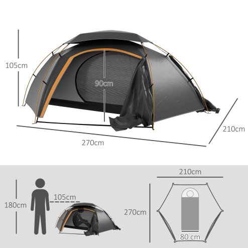 Outsunny 1-2 Man Camping Tent, Dome Tent with Removable Rainfly and Aluminium Frame, 2000mm Waterproof, Portable with Bag, for Fishing Hiking Festival, Dark Grey