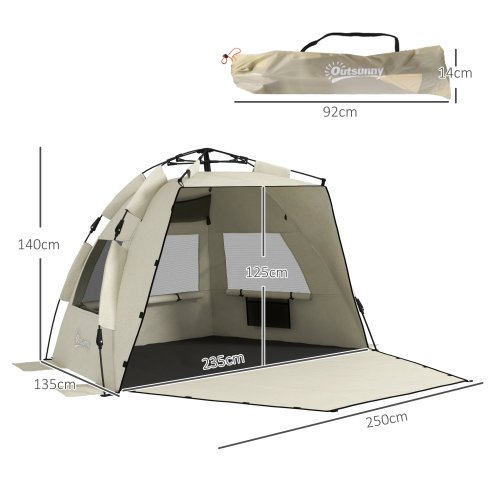 Outsunny Pop Up Tent Beach Tent for 2-3 Person, UPF15+ Easy Set Up Sun Shelter with Extended Floor, Sandbags, Mesh Windows and Carry Bag, Khaki