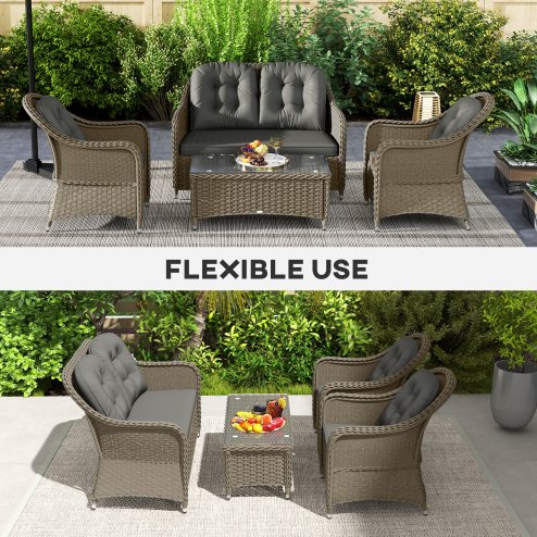 Outsunny 4 Pieces Outdoor PE Rattan Garden Furniture with Cushions, Patio Special Hand Weave Wicker Conservatory Sofa Set with Glass Top Coffee Table, Light Grey