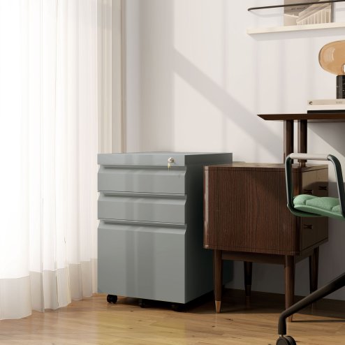 Vinsetto 3-Drawer Filing Cabinet with Lock, Mobile Steel File Cabinet for A4, Legal and Letter Size, Under Desk Drawers with Pre-Assembled Body for Home Office, 39 x 48 x 60 cm, Grey