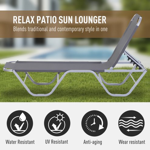 Outsunny Sun Lounger Relaxed Recliner with 5-Position Adjustable Backrest Aluminium Frame for Pool or Sun Bathing Light Grey