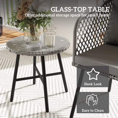 Outsunny 3 Piece Rattan Bistro Set, Patio Wicker Conversation Furniture Set with 2 Chairs, Tempered Glass Table, Cushions, Adjustable Foot Pads, for Garden, Balcony, Grey
