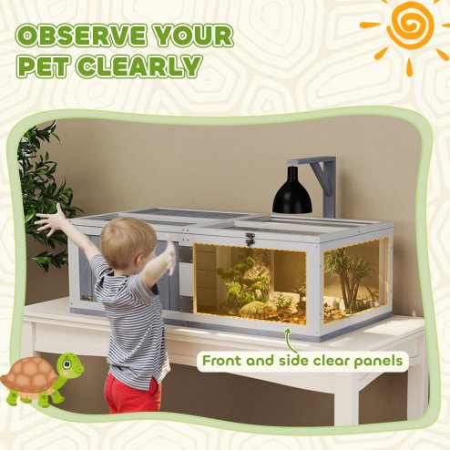 PawHut Tortoise House with Lamp Holder, Wooden Tortoise Enclosure with Clear Observation Windows, Openable Tops, Built-in Tray, Two-Room Turtle Table for Indoor Use, Light Grey