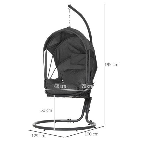 Outsunny Hanging Egg Chair with Cushion and Retractable Canopy, Swing Hammock Chair with Adjustable Metal Stand, for Indoor and Outdoor, Grey