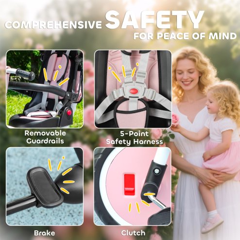 AIYAPLAY Kids Trike, 6 in 1 Toddler Tricycle with Adjustable Parent Handle & Canopy, Convertible Seat, for Ages 1-5 Years, Foldable Baby Trike with Safety Harness, Storage Basket & Bag, Pink