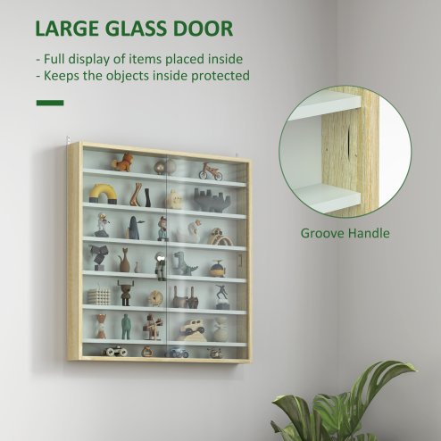 HOMCOM 7-Tier Wall Mounted Display Cabinet, Display Case with 6 Adjustable Shelves, Glass Doors for Home Office Ornaments 83x80cm, Oak