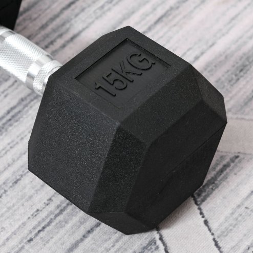 HOMCOM 15KG Single Rubber Hex Dumbbell Portable Hand Weights Dumbbell for Home Gym Workout Fitness