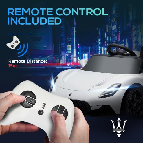 AIYAPLAY Maserati MC20 Licensed 12V Electric Car for Kids with Remote Control, Kids' Electric Ride on with Slow Start, LED Lights, Music, Horn, Spring Suspension, for 3-6 Years, White