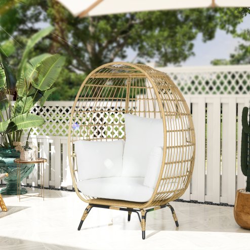 Outsunny Oversized Garden Egg Chair, Outdoor Wicker PE Rattan Chair with Thickened Padded Cushions and Pillows for Balcony, Porch, Khaki