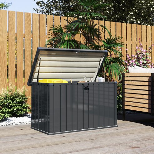 Outsunny 400L Garden Storage Box Waterproof Metal Outdoor Storage Box with Lockable Lid, Storage Container Furniture Deck Box, 124 x 66 x 72 cm, Dark Grey