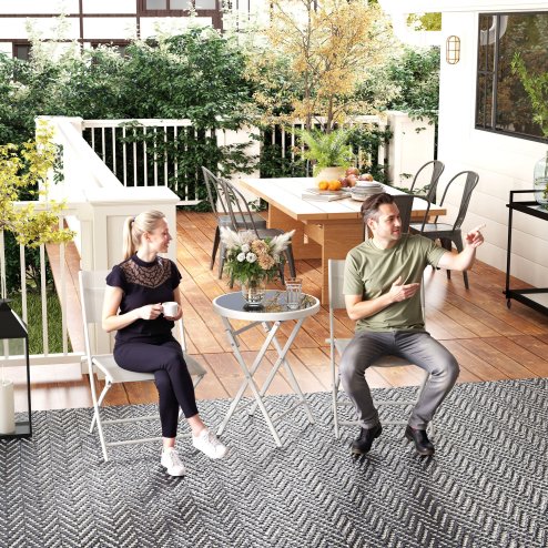 Outsunny 3 Pieces Outdoor Bistro Set, Glass Top Outdoor Table and 2 Folding Chairs, Garden Furniture Set with Protecting Feet, Steel Frame, Easy Clean, White