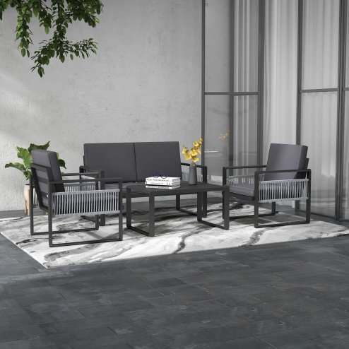Outsunny 4 Pieces Aluminium Garden Furniture Set with Cushions, Patio Furniture Set with Slatted Aluminium Top Coffee Table, Sofa Set with Rope Decoration Weave Armchairs, Black