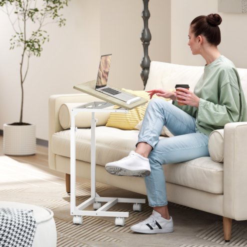 HOMCOM C-Shaped Sofa Side Table, Height Adjustable Overbed Table with Tilting Desktop, Mobile Laptop Desk for Living Room Bedroom, Oak and White Image