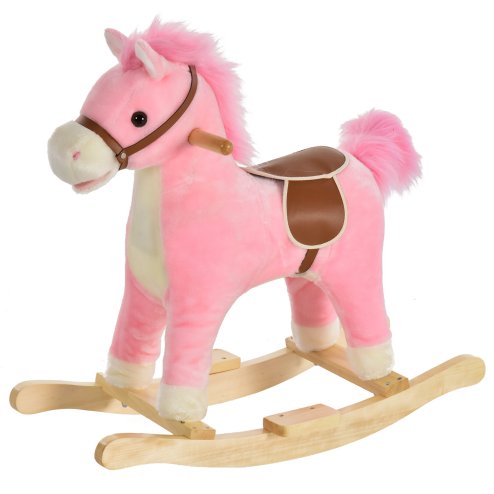 HOMCOM Kids Plush Rocking Horse w/ Sound Moving Mouth Wagging Tail Children Rocker Ride On Toy Gift 3-6 Years Pink Image