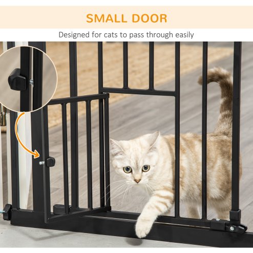 PawHut Extra Tall Dog Gate with Cat Flap, Pet Safety Gate for Doorways Stairs with Auto Close Double Locking, 104 cm Tall 74-101 cm Wide, Black