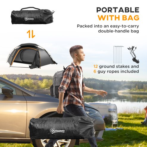 Outsunny 1-2 Man Camping Tent, Dome Tent with Removable Rainfly and Aluminium Frame, 2000mm Waterproof, Portable with Bag, for Fishing Hiking Festival, Dark Grey