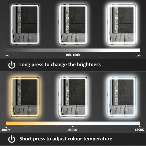 HOMCOM Bluetooth Bathroom Mirror with LED Lights, Illuminated Backlit Wall Mounted Vanity Mirror with 3 Colours Dimmable, Clock, Anti-Fog, Memory & Touch Switch, IP44