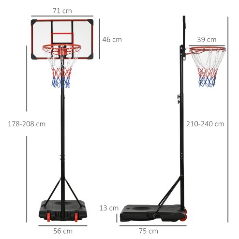 SPORTNOW Height Adjustable Basketball Hoop and Stand with Firm Backboard and Weighted Base, Portable on Wheels, 1.8-2.1m, Red