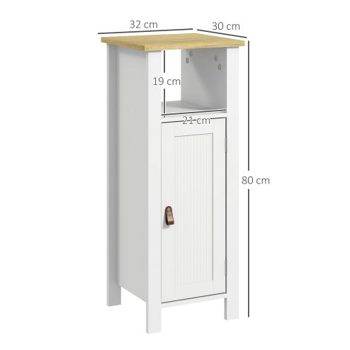 kleankin Slim Bathroom Storage Unit with Open Shelf, Bathroom Storage Cabinet with Beadboard Door and Adjustable Shelf, 32 x 30 x 80 cm, White