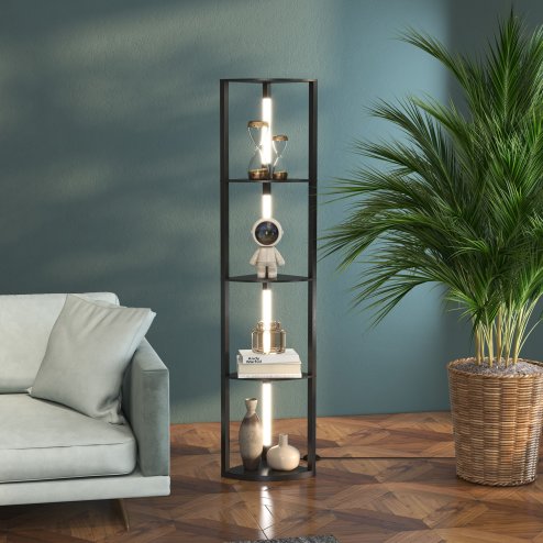 HOMCOM LED Floor Lamp with Shelves, 4 Layers Dimmable Modern Standing Lamp with 3 Brightness Levels and Foot Switch for Living Room, Bedroom, Office, Black