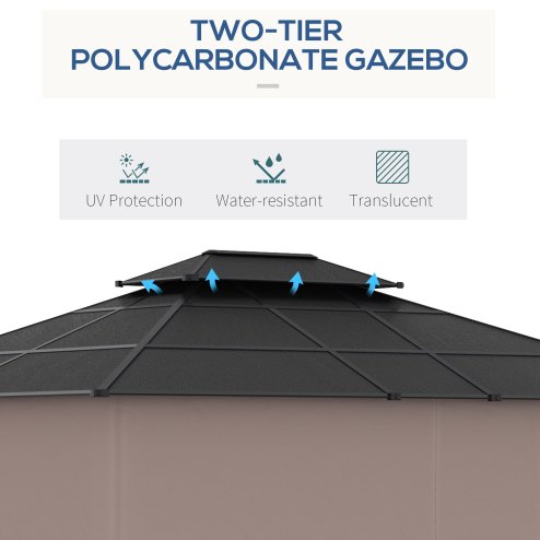 Outsunny 3.6 x 3 (m) Outdoor Polycarbonate Gazebo, Double Roof Hard Top Gazebo with Galvanised Steel Frame, Nettings & Curtains for Garden, Lawn, Patio and Deck
