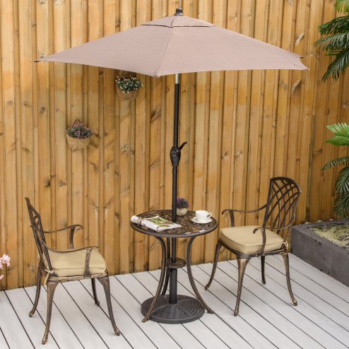 Outsunny 3 Piece Cast Aluminium Garden Bistro Set for 2, Outdoor Coffee Table Set Rust Resistant with Parasol Hole, Cushions, Patio Table and Chairs for Garden, Balcony, Bronze Tone