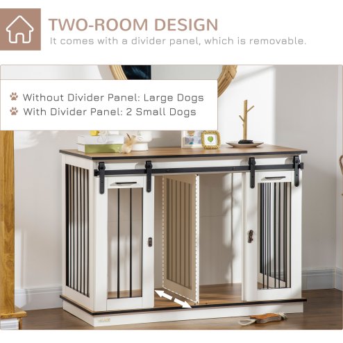 PawHut Dog Crate Furniture for Large Dog, Double Dog Cage for Small Dogs with Divider, Sliding Doors - White