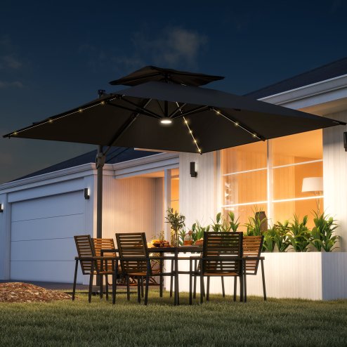 Outsunny 3.5x3 m Garden Cantilever Parasol with Solar LED Lights and Centre Light, UPF50+ Aluminium Patio Umbrella with 360 Rotation and Tilt, Hanging Sun Shade with Cross Base, Crank Handle, Black