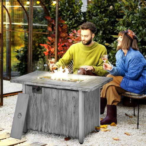 Outsunny Propane Gas Fire Pit Table for Garden, 50000 BTU Smokeless Firepit Outdoor Patio Heater with Waterproof Cover, Glass Screen, Glass Beads and Lid, Wood Effect, 109 x 56 x 63cm, Grey
