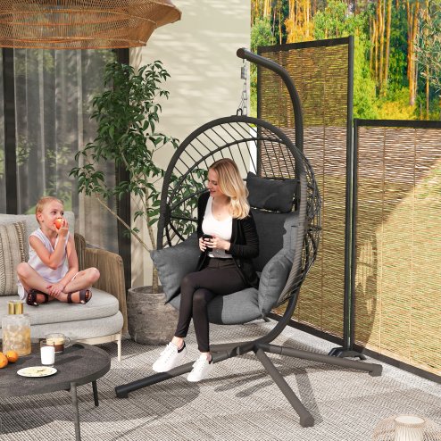 Outsunny Outdoor Swing Chair with Thick Padded Cushion, Patio Hanging Chair with Metal Stand, Foldable Basket Egg Chair with Cup Holder, Rope Structure, for Indoor and Outdoor, Grey