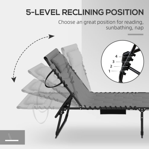 Outsunny 2 Piece Foldable Sun Lounger Set with 5-level Reclining Back, Outdoor Tanning Chairs Sun Loungers with Build-in Padded Seat, Side Pocket, Headrest for Beach, Patio, Grey