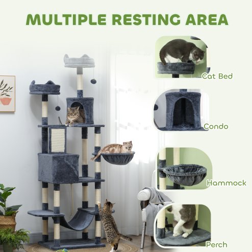 PawHut Cat Tree, 206cm Cat Tower with Sisal Scratching Posts and Board, Beds, Condos, Platforms, Hammocks, Toy Balls & Rope, Anti-Tip Kit, Kitten Activity Centre for Indoor, Dark Grey
