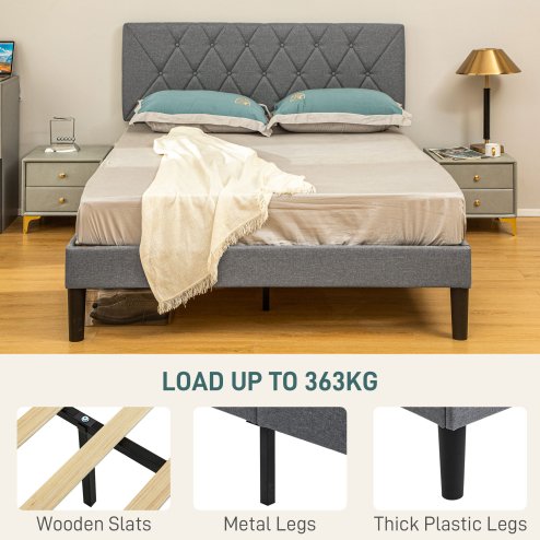 HOMCOM King Size Bed Frame with 5-Level Adjustable Linen Upholstered Headboard, Wooden Slats Mattress Foundation, No Box Spring Needed, Grey