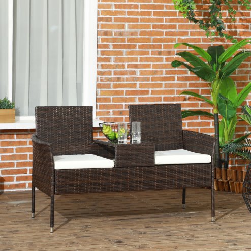 Outsunny 2 Seat Rattan Garden Bench, Patio Wicker Chair with Glass Tea Table, Outdoor Love Seat with Padded Cushions, for Garden, Porch, Brown/Cream White Image