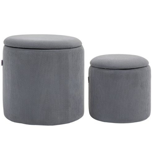 HOMCOM Set of 2 Round Ottoman with Storage, Fabric Vanity Stool for Makeup, Footrest Stool with Removable Lid for Living Room & Bedroom